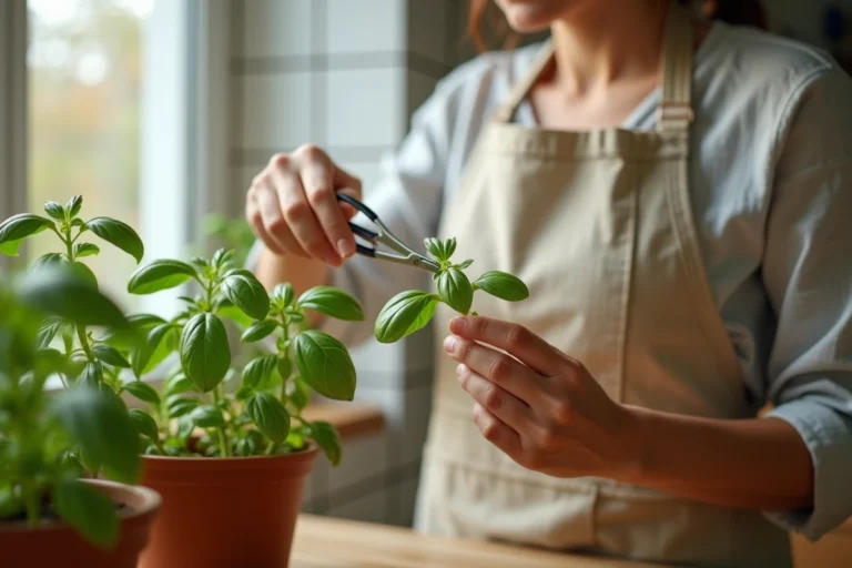 Femme coupant du basilic au-dessus d'un nœud foliaire avec des ciseaux à herbes dans une cuisine lumineuse