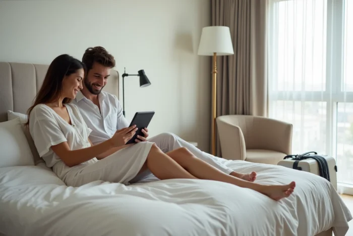 Couple consultant ensemble l'historique de réservations Booking sur une tablette dans une chambre d'hôtel