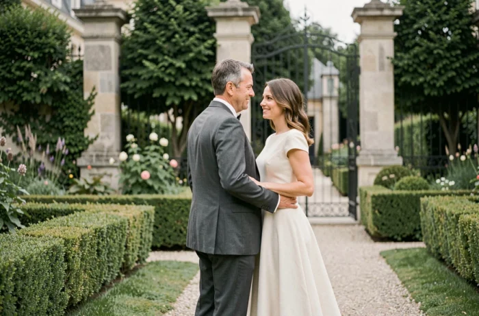 Couple élégant en tenue de mariage dans un jardin à la française avec portail en fer forgé