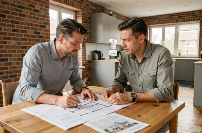 Couple belge étudiant des plans architecturaux pour un projet immobilier dans une maison en cours de rénovation
