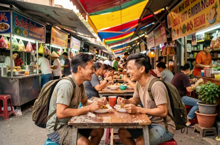 Couple de voyageurs dégustant de la street food dans un marché local en Asie du Sud-Est pour voyager pas cher autour du monde