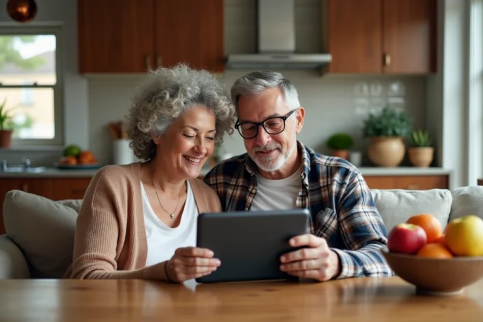 Couple regardant la télévision en direct gratuitement sur une tablette dans la cuisine