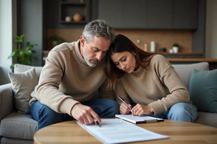 Un couple étudie ensemble un contrat d'agence IAD posé sur une table basse dans leur salon, pointant des clauses de frais avec des expressions perplexes