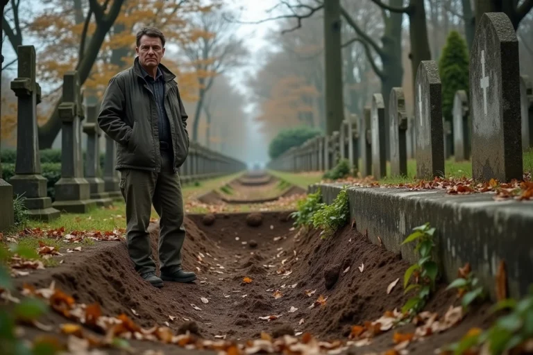 Fossoyeur debout près d'une tombe ouverte dans un cimetière français en automne, entouré de pierres tombales en granit