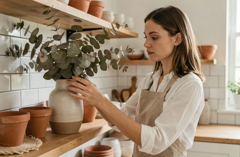Femme arrangeant des branches d'eucalyptus dans un vase en céramique dans une cuisine de style scandinave
