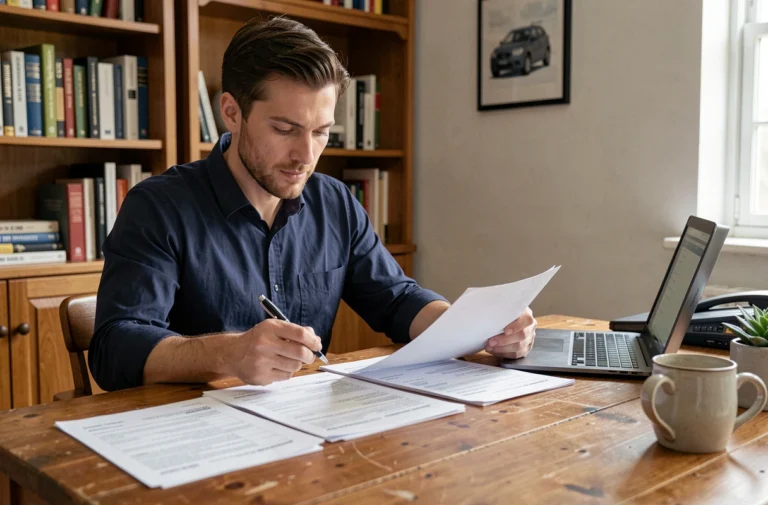 Homme consultant des documents administratifs pour la demande de carte grise moto à son bureau