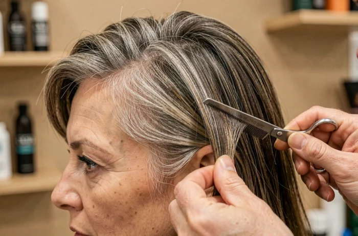 Détail d'une coupe couronne précise avec ligne de contour visible et volume au sommet de la tête
