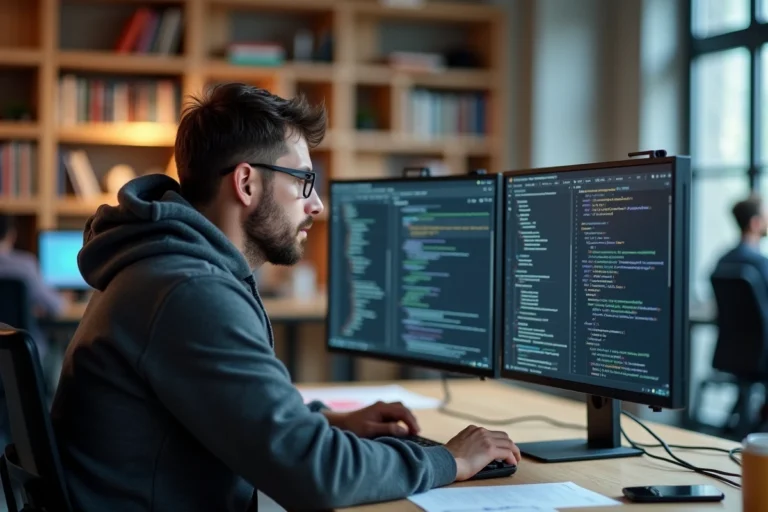 Développeur masculin concentré déboguant des erreurs sur un logiciel de mix design dans un bureau tech moderne