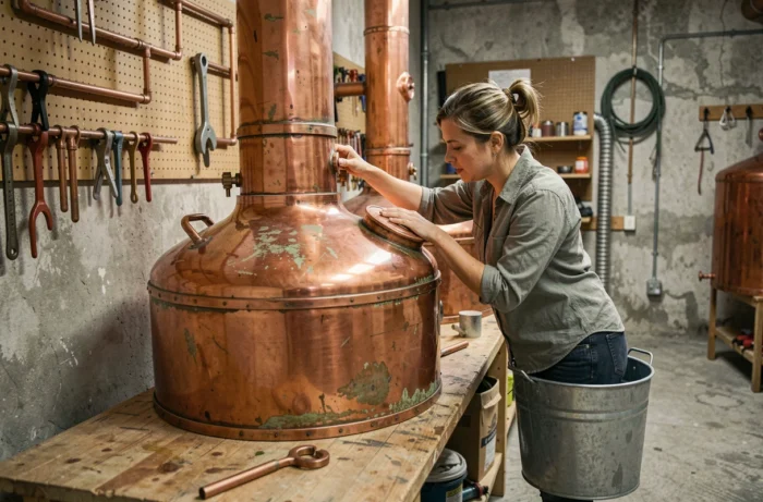 Femme inspectant un alambic en cuivre artisanal dans un garage aménagé en distillerie maison