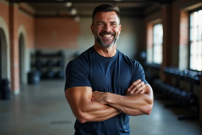 Homme musclé et charismatique dans la cinquantaine avec un sourire confiant dans un gymnase moderne, inspiré du style de Dwayne Johnson