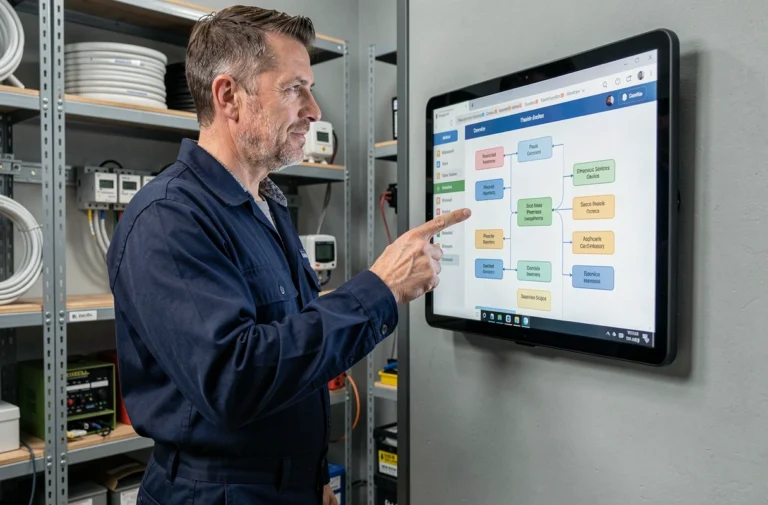 Électricien professionnel consultant un plan de site structuré sur tablette numérique dans un atelier électrique moderne