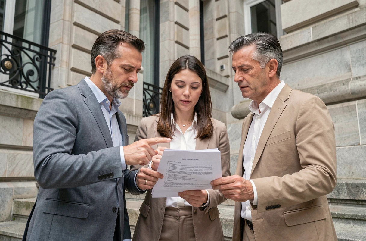 Groupe de trois élus municipaux en tenue professionnelle examinant des documents de bail emphytéotique administratif sur les marches d'un bâtiment public en pierre de style haussmannien