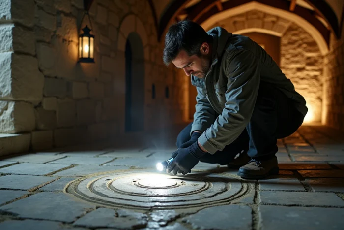 Chercheur explorant des inscriptions mystérieuses dans une crypte d'église médiévale française, enquête sur des phénomènes paranormaux insolites