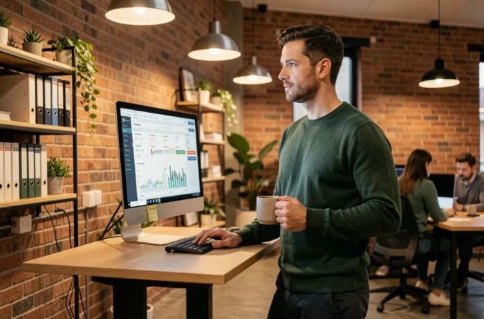 Entrepreneur debout à son bureau analysant un tableau de bord de financement et de crédit professionnel