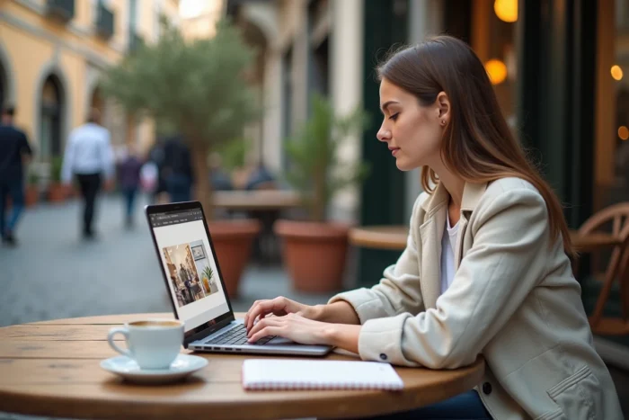 Jeune femme entrepreneur travaillant sur la visibilité de son site web depuis une terrasse de café en ville