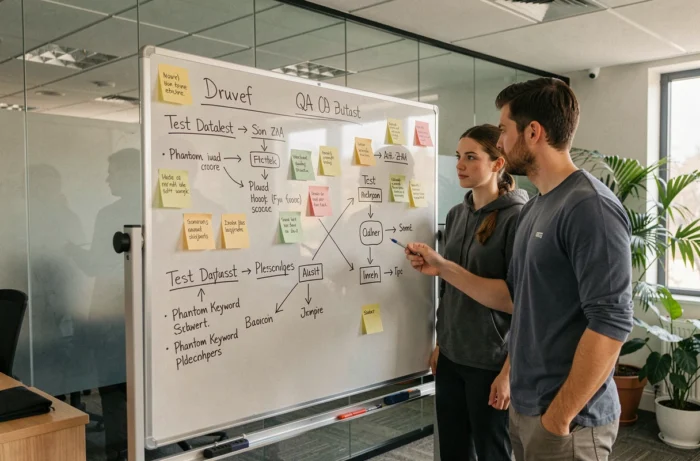 Deux ingénieurs QA collaborant devant un tableau blanc avec des schémas de jeux de données de test dans un espace de bureau moderne