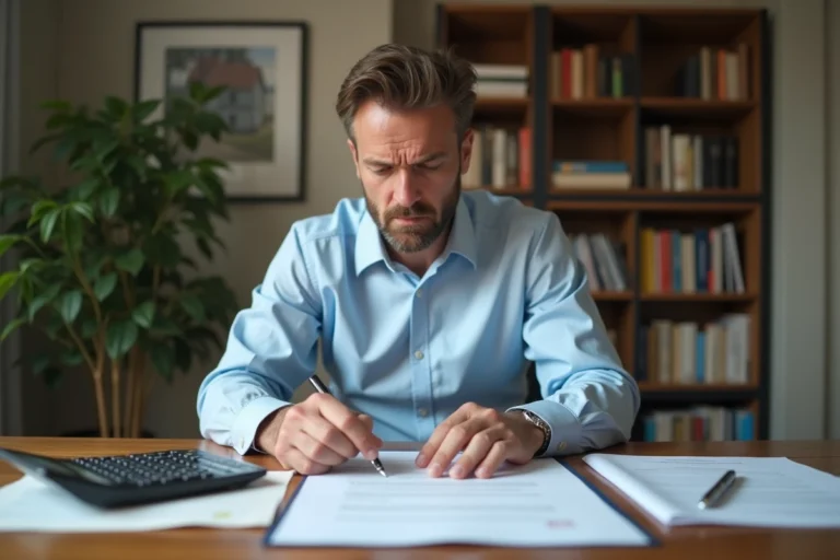 Un homme examine attentivement un contrat immobilier IAD avec une expression préoccupée, entouré de documents et d'une calculatrice sur un bureau en bois