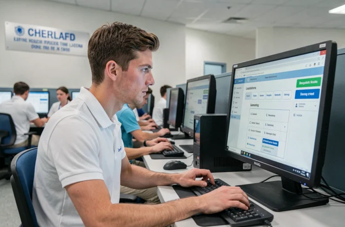 Étudiant infirmier utilisant un ordinateur pour se connecter à la plateforme Theia IFSI dans une salle informatique universitaire