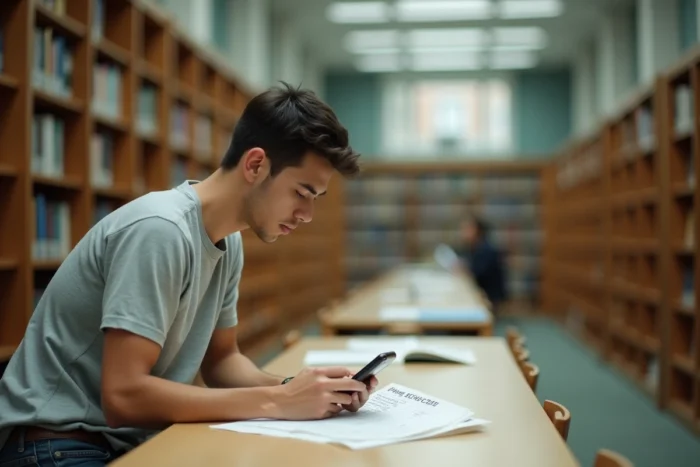 Étudiant consultant le calendrier du Bac 2025 sur Cyclades dans une bibliothèque scolaire