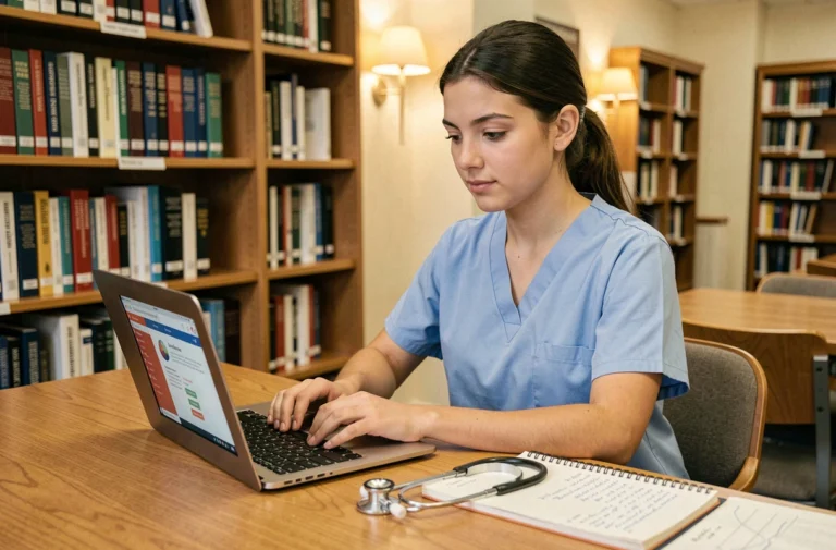 Étudiante infirmière accédant à une plateforme d'apprentissage en ligne sur son ordinateur portable dans une bibliothèque universitaire