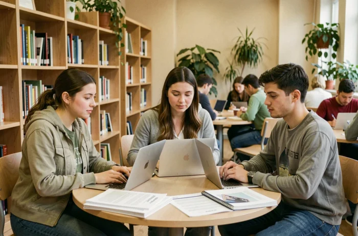 Groupe d'étudiants en alternance collaborant dans une bibliothèque universitaire autour d'ordinateurs portables et de supports de cours
