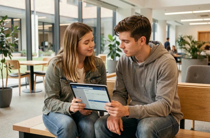 Deux étudiants en soins infirmiers consultant ensemble la plateforme Theia IFSI sur une tablette dans un espace commun universitaire