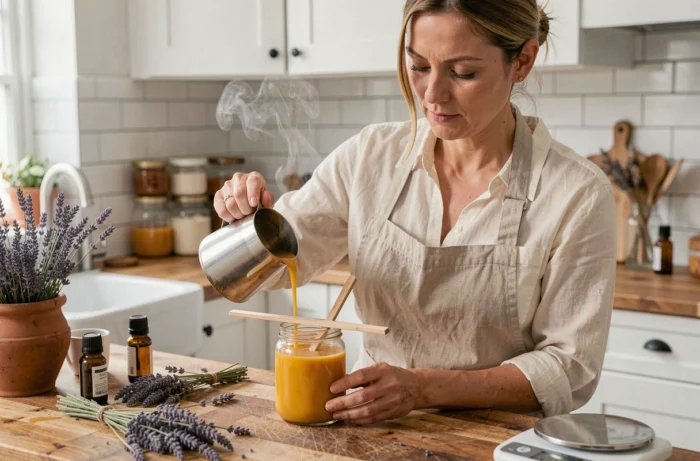 Femme versant de la cire de soja fondue dans un bocal en verre pour fabriquer une bougie végétale maison dans une cuisine en bois et carrelage blanc