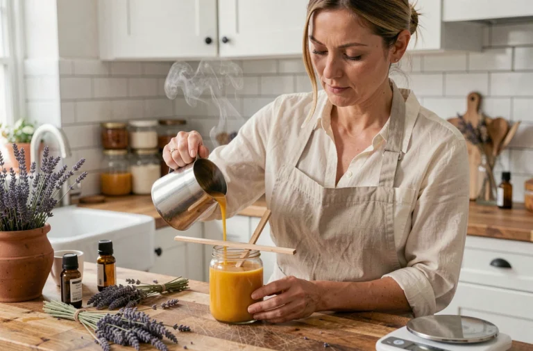 Femme versant de la cire de soja fondue dans un bocal en verre pour fabriquer une bougie végétale maison dans une cuisine en bois et carrelage blanc