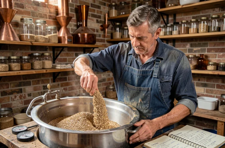 Homme mesurant des grains d'orge maltée dans une cuve de brassage en acier inoxydable dans une distillerie artisanale à domicile