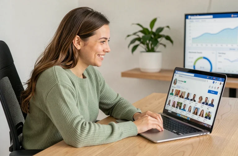 Une jeune femme souriante devant un tableau de bord de groupe Facebook sur son ordinateur portable dans un bureau à domicile moderne