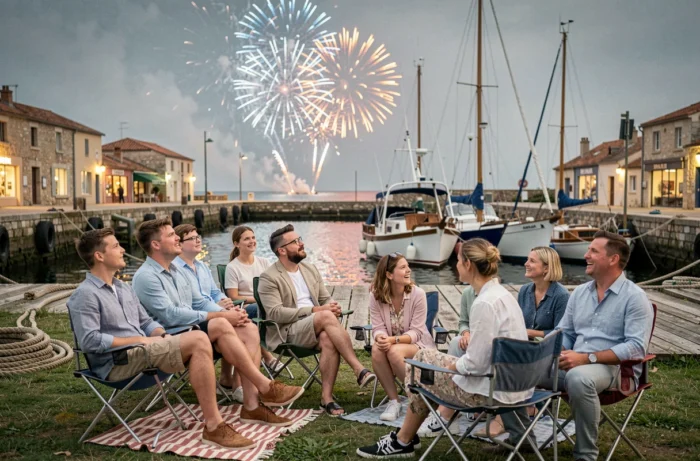Famille regardant un feu d'artifice depuis le port d'un village de l'île d'Oléron lors d'une soirée estivale