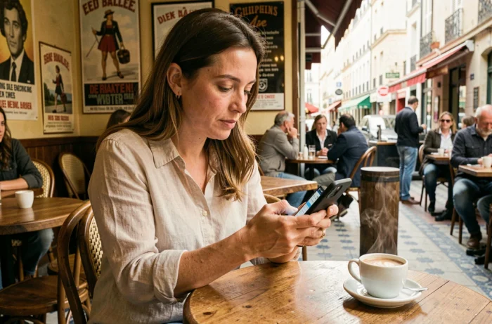 Femme consultant les actualités locales sur son smartphone dans un café de quartier