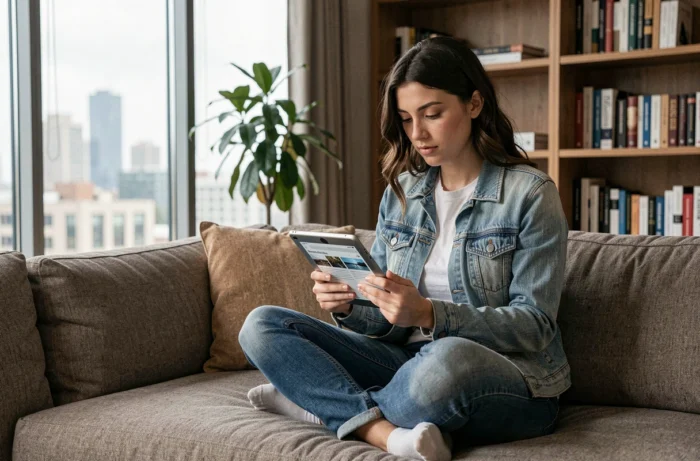 Jeune femme consultant les actualités sur une tablette numérique dans un salon contemporain