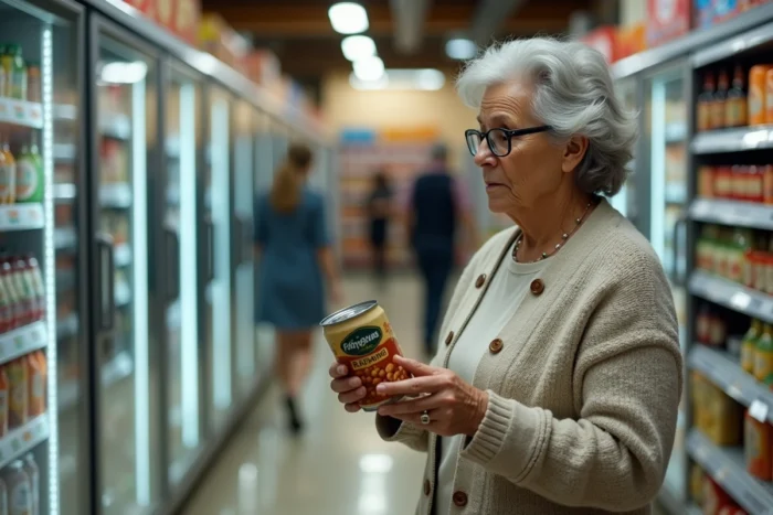Femme âgée concentrée qui lit l'étiquette d'une boîte de conserve en supermarché avec un sérieux comique, scène du quotidien insolite et amusante