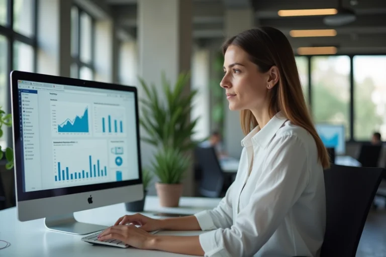 Femme professionnelle analysant des statistiques de visibilité en ligne sur un grand écran dans un bureau moderne