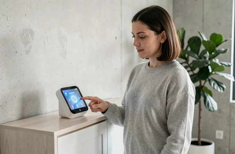 Femme interagissant avec un assistant vocal connecté dans un salon moderne minimaliste