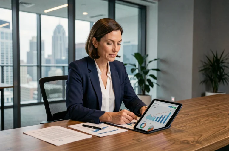 Femme cadre dirigeante analysant des documents de financement professionnel dans un bureau moderne