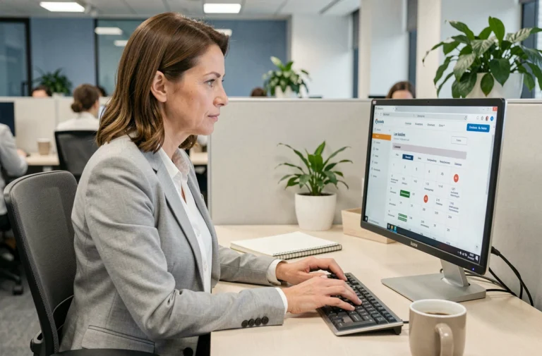 Femme cadre utilisant le portail de gestion des congés Agate Tempo CNRS sur un ordinateur de bureau dans un open-space moderne