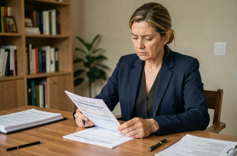 Femme consultant un contrat d'assurance vie à son bureau à domicile, stylo en main, expression concentrée