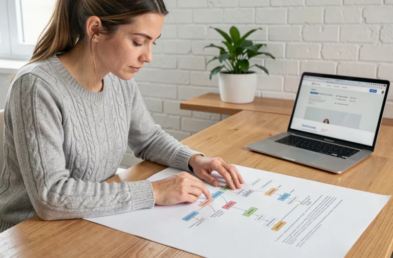 Femme consultant un plan de site imprimé à son bureau pour naviguer efficacement sur un site web