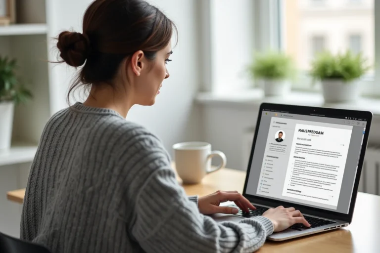 Femme créant son CV en ligne sur un laptop dans un bureau à domicile moderne