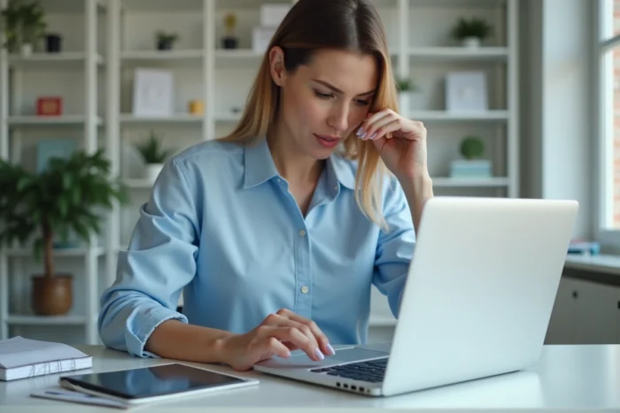 Femme dépannant l'application SFR Mail sur une tablette et un ordinateur portable dans un bureau à domicile