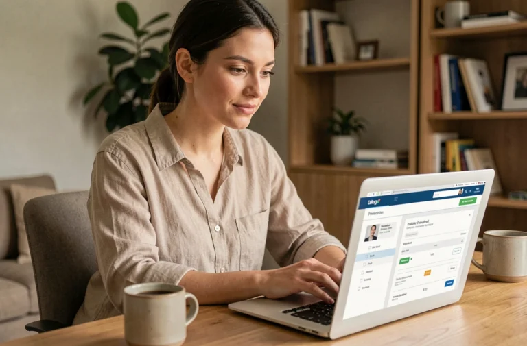 Femme accédant à son espace client en ligne depuis un bureau à domicile sur un ordinateur portable