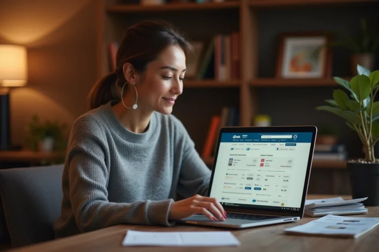 Femme consultant l'historique de ses réservations Booking sur un ordinateur portable dans un bureau à domicile