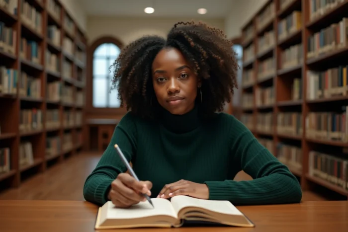 Jeune femme lisant un livre scientifique dans une bibliothèque, illustrant la démarche critique et le scepticisme intellectuel