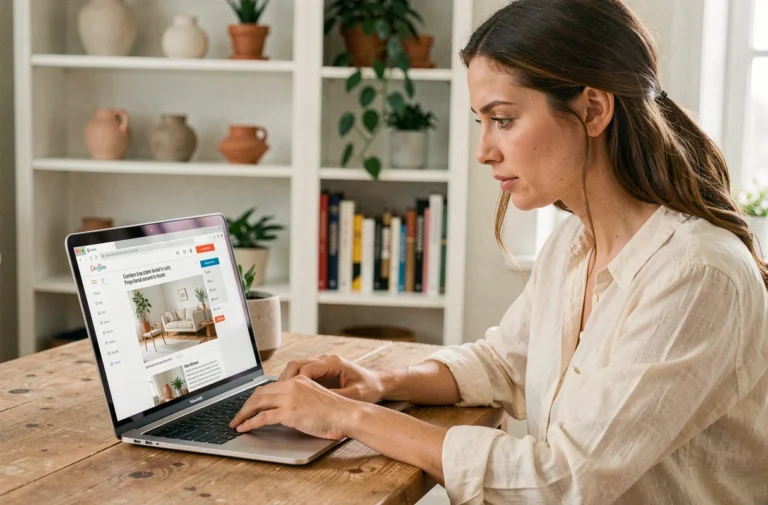 Femme naviguant sur un blog déco depuis son bureau en bois dans un espace de travail style scandinave