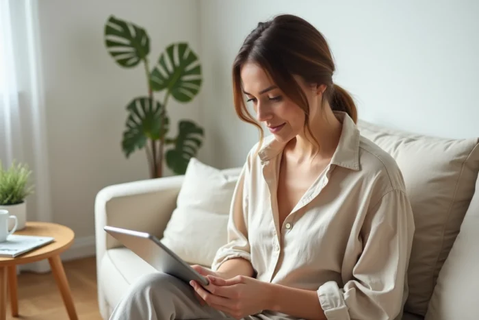 Femme consultant un plan de site beauté sur une tablette dans un salon moderne et épuré