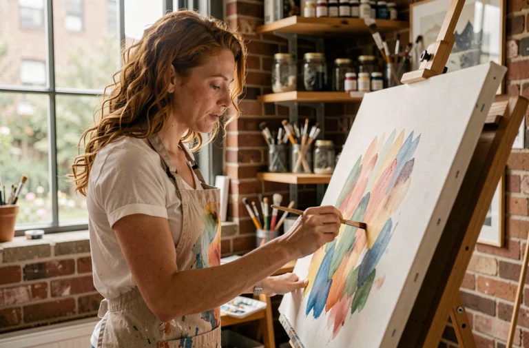 Femme peignant à l'aquarelle dans un atelier maison chaleureux, loisir créatif et artistique