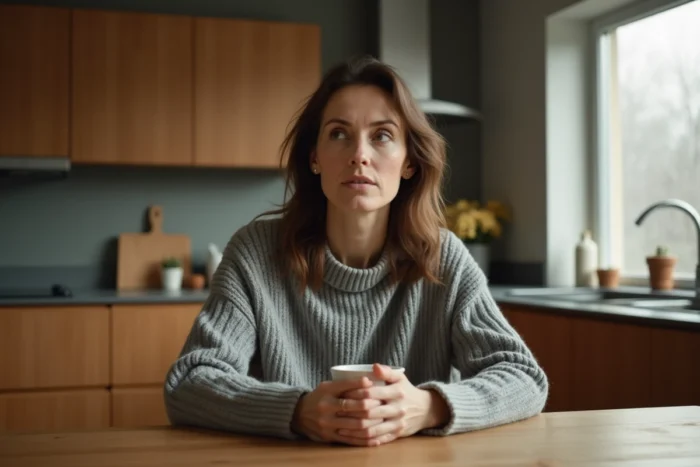 Femme pensive assise seule dans une cuisine le matin, l'air préoccupée après un rêve troublant