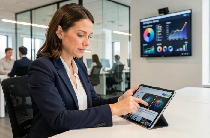Femme professionnelle consultant les dernières actualités technologiques sur une tablette dans un bureau moderne Next Generation